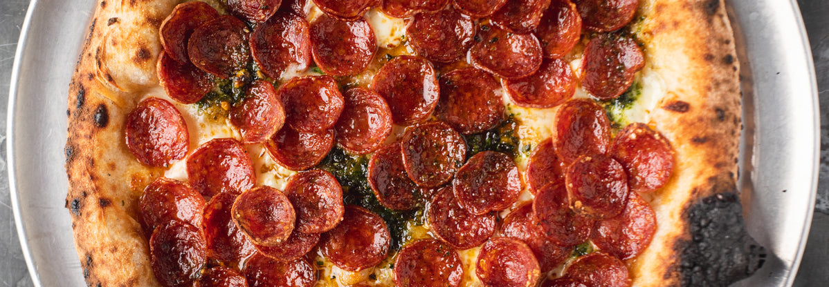 Pepperoni & Pistachio Pesto Pizza - Roccbox . Gozney recipe poster image