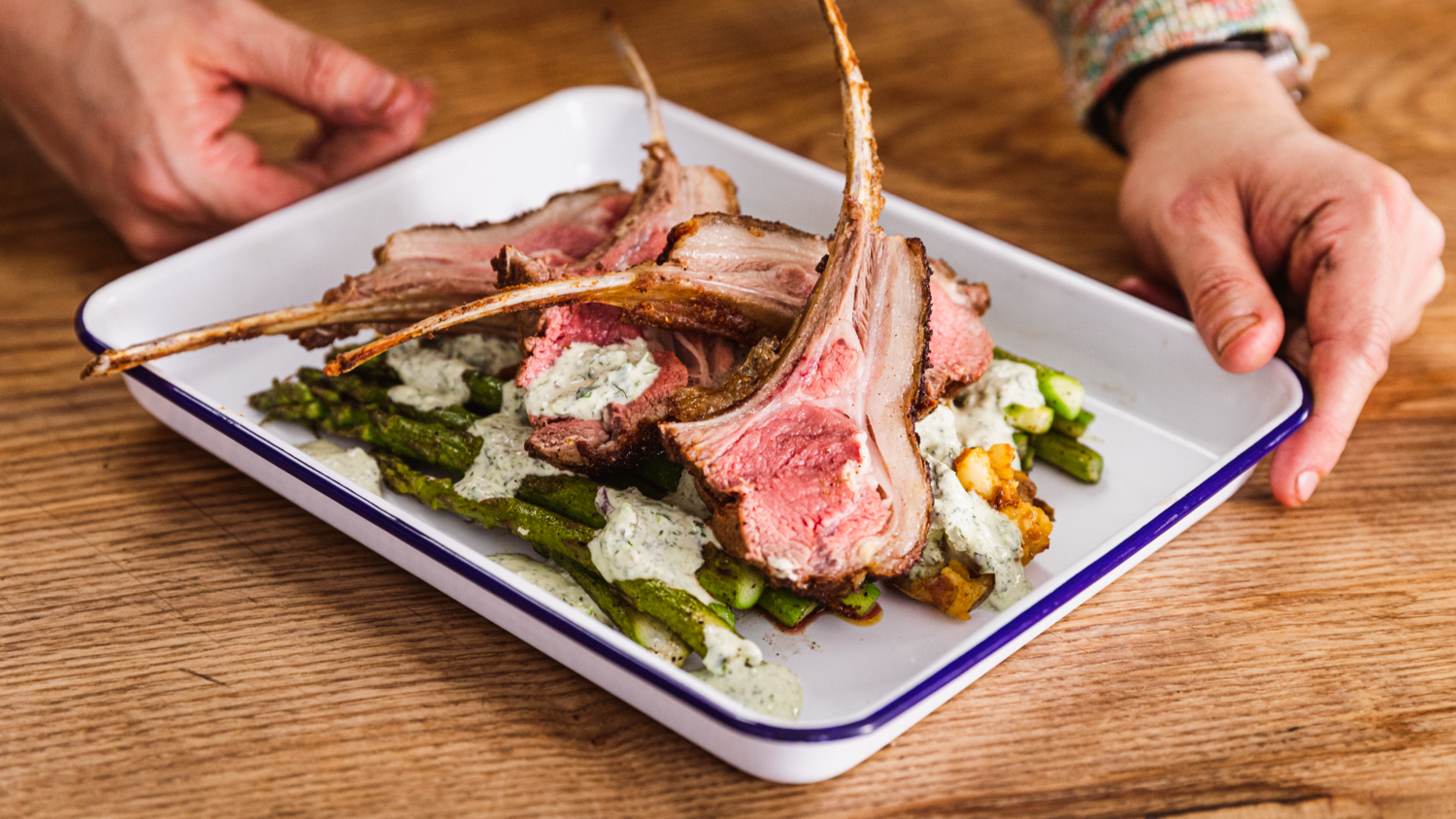 Rack of Lamb with Brinjal potatoes and a mint yoghurt dressing recipe poster image